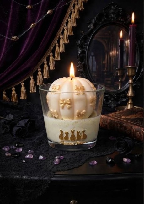 Bougie citrouille chic blanche avec noeud doré sur lit de cire de soja pailletée collection halloween Bougie citrouille chic blanche avec noeud doré sur lit de cire de soja pailletée collection halloween