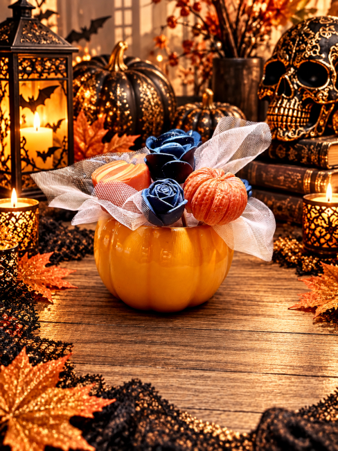 Bouquet de fondants parfumés noir et orange thème halloween citrouilles et roses noires 