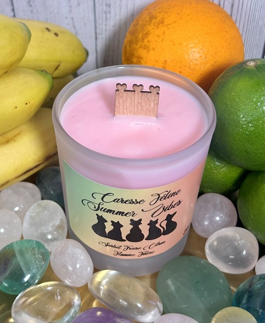 Découvrez Summer vibes une bougie coulée de 200g aux parfums d'été avec mèche en bois de cerisier