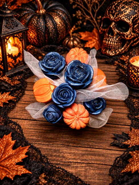 Bouquet de fondants parfumés noir et orange thème halloween citrouilles et roses noires 
