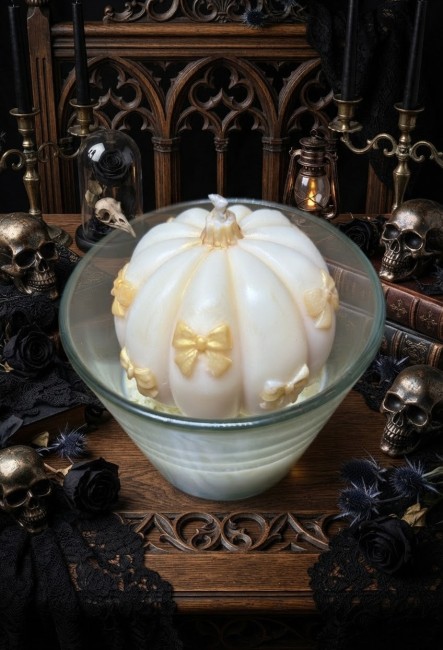 Bougie citrouille chic blanche avec noeud doré sur lit de cire de soja pailletée collection halloween Bougie citrouille chic blanche avec noeud doré sur lit de cire de soja pailletée collection halloween