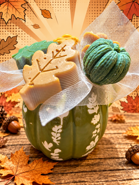 bouquet de fondants parfumés thème automne couleur vert et brun clair flamme féline