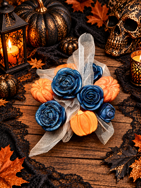 Bouquet de fondants parfumés noir et orange thème halloween citrouilles et roses noires 