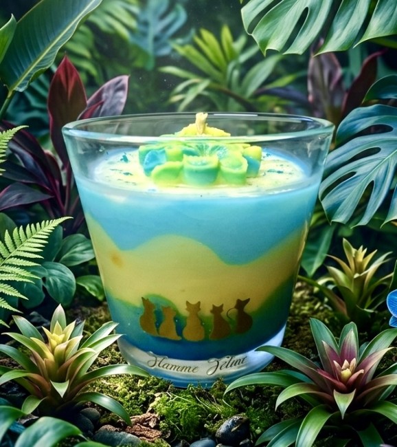 bougie artisanale tropicale au monoï flamme féline bougie artisanale Monoï aloha dégradé de couleur décor tropical