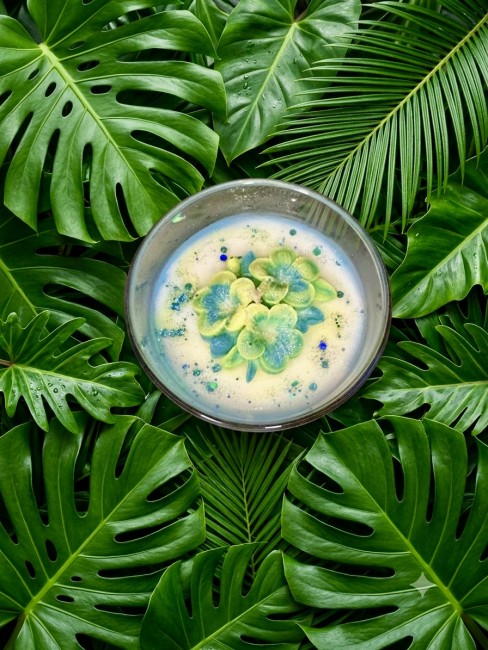 bougie artisanale tropicale au monoï flamme féline bougie artisanale Monoï aloha dégradé de couleur décor tropical