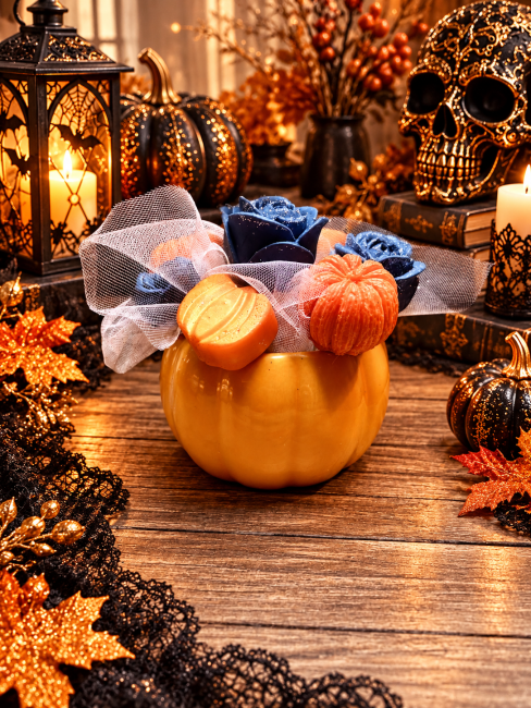 Bouquet de fondants parfumés noir et orange thème halloween citrouilles et roses noires 