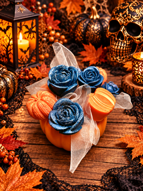 Bouquet de fondants parfumés noir et orange thème halloween citrouilles et roses noires 