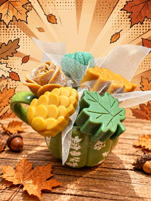 bouquet de fondants parfumés thème automne couleur vert et brun clair flamme féline