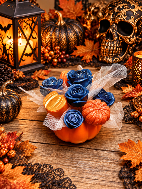 Bouquet de fondants parfumés noir et orange thème halloween citrouilles et roses noires 