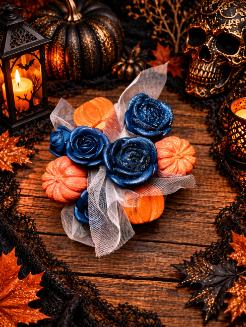 Bouquet de fondants parfumés noir et orange thème halloween citrouilles et roses noires 