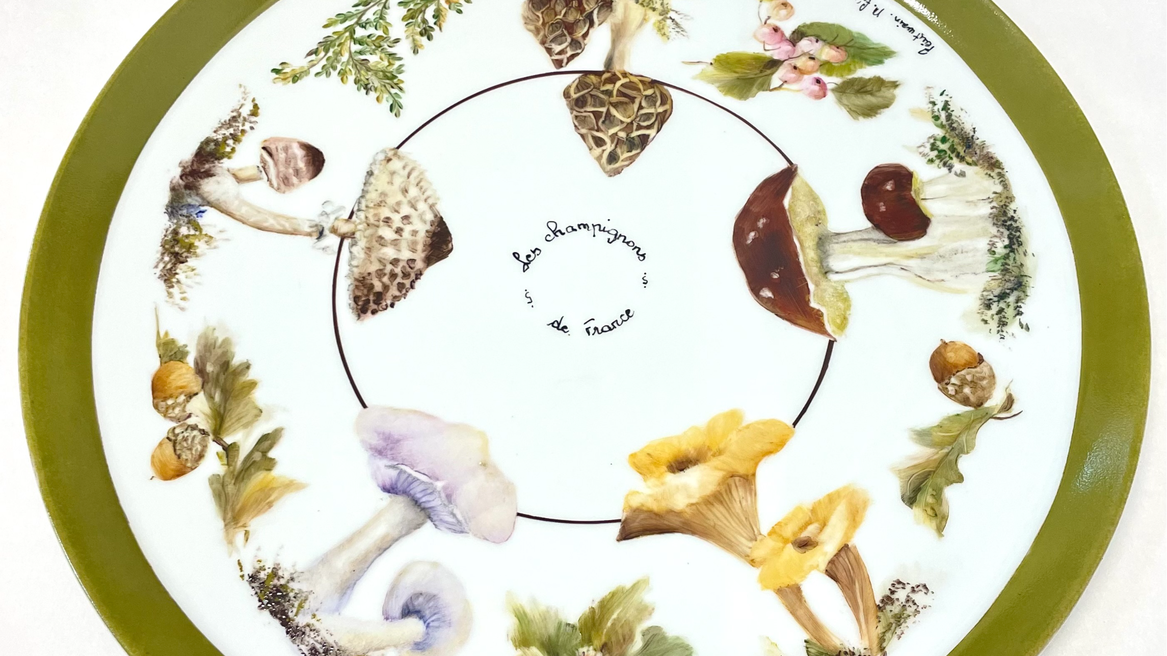 plateau de service en porcelaine peint à la main - décor de champignons