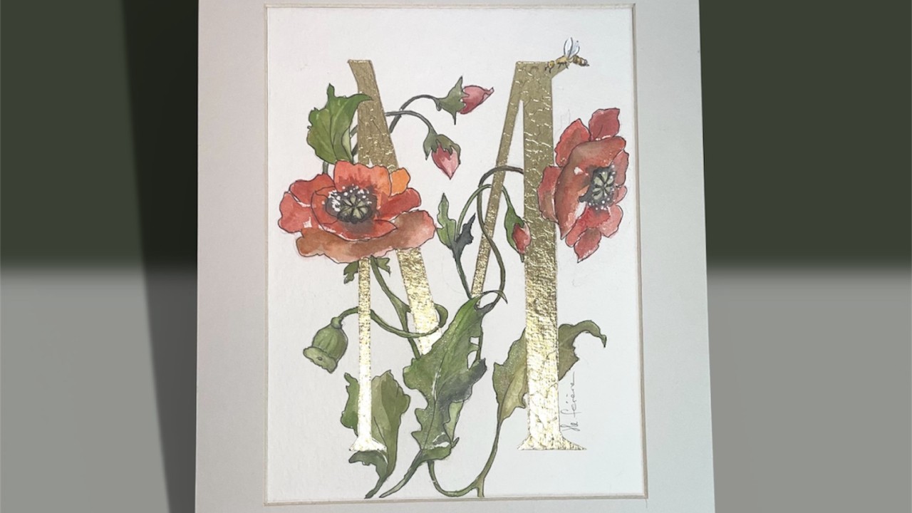 Initiale peinte à la feuille d'or et aquarelle originale