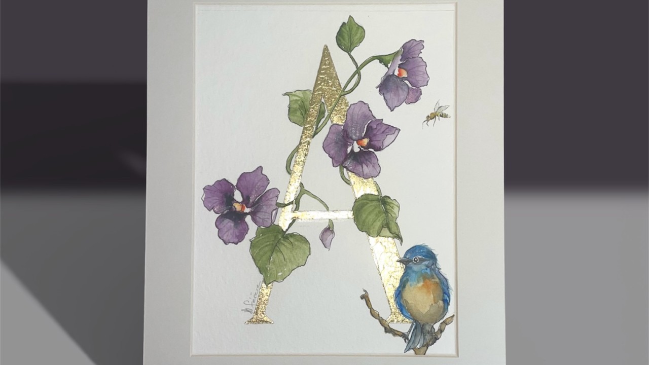 Initiales peinte à la feuille d'or et aquarelle originale