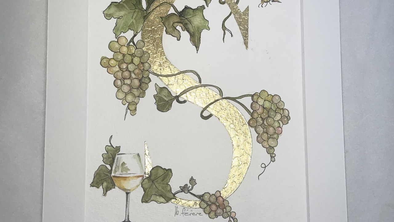 Inittiale peinte à la feuille d'or et aquarelle originale