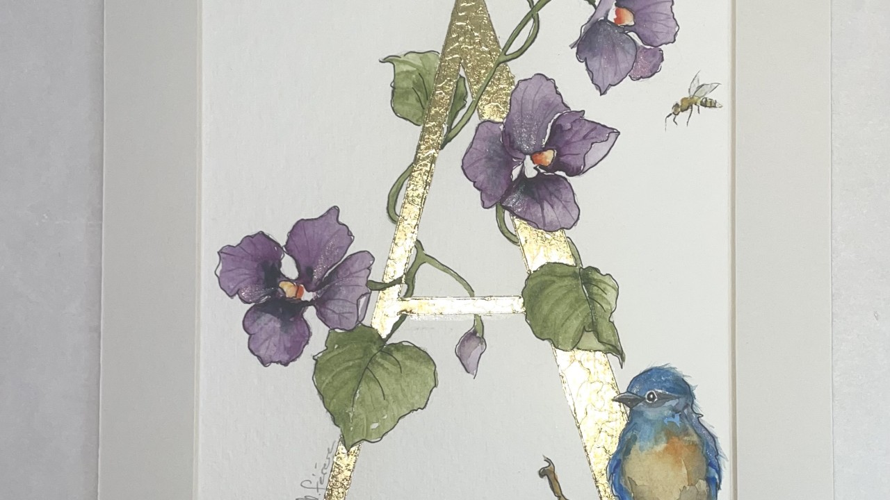 Initiales peinte à la feuille d'or et aquarelle originale