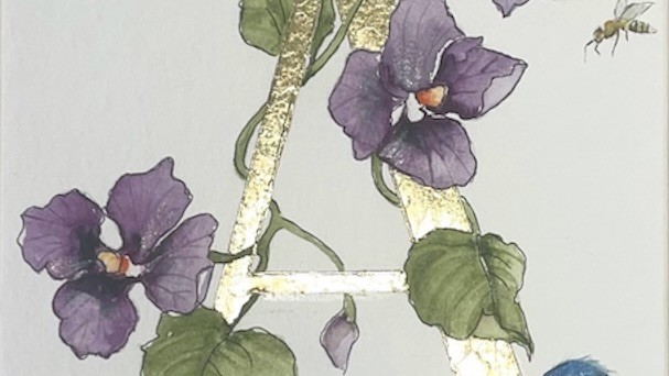 Initiale de prénom personnalisée – aquarelle et feuille d’or – illustration murale fait main - décor de violettes