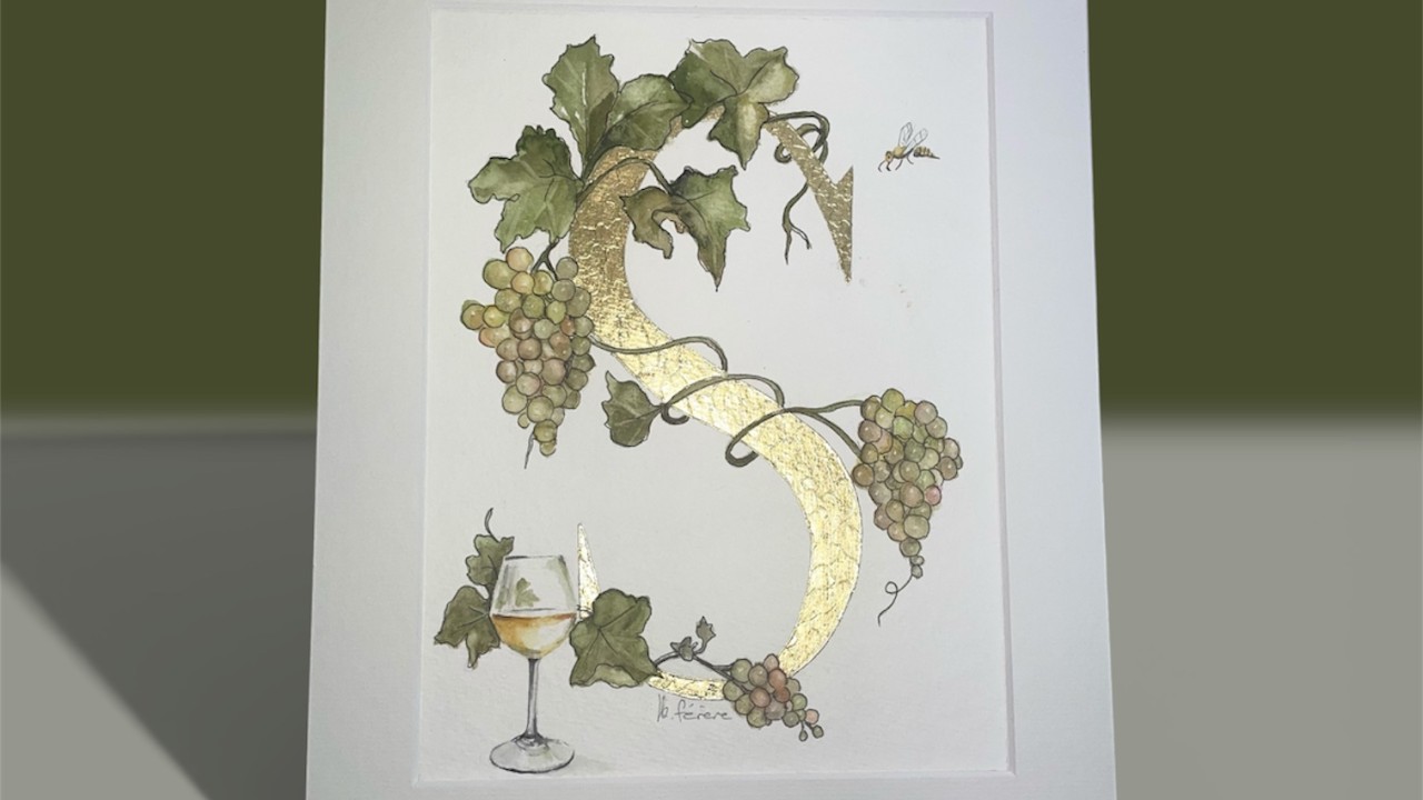 Inittiale peinte à la feuille d'or et aquarelle originale