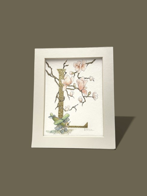 Initiale de prénom personnalisée – aquarelle et feuille d’or – illustration murale fait main - décor de magnolias