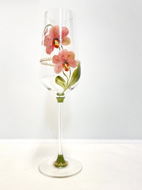Duos de verres à vin ou  flutes à champagne en verre cristallin peint à la main - décor d'orchidée - personnalisable