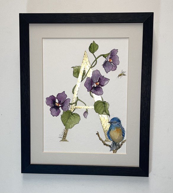 Initiale de prénom personnalisée – aquarelle et feuille d’or – illustration murale fait main - décor de violettes