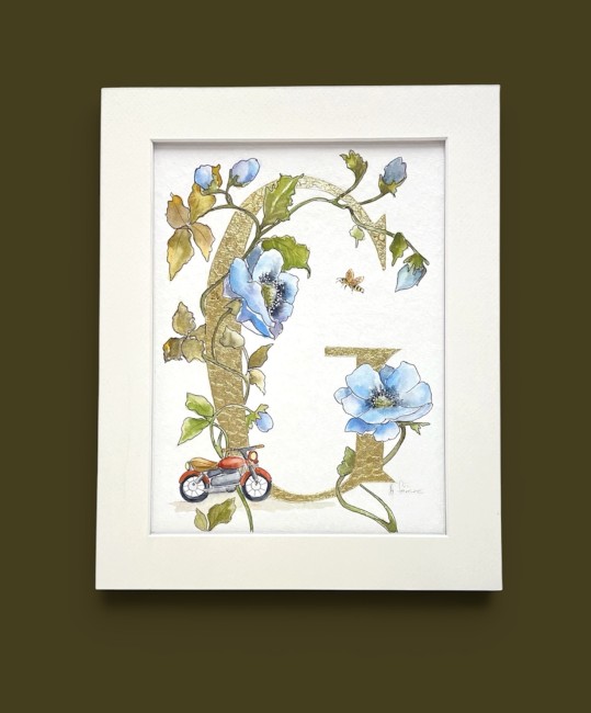 Initiale peinte à la main d'une feuille d'or véritable et d'un décor à l'aquarelle d'anémones - sur commande
