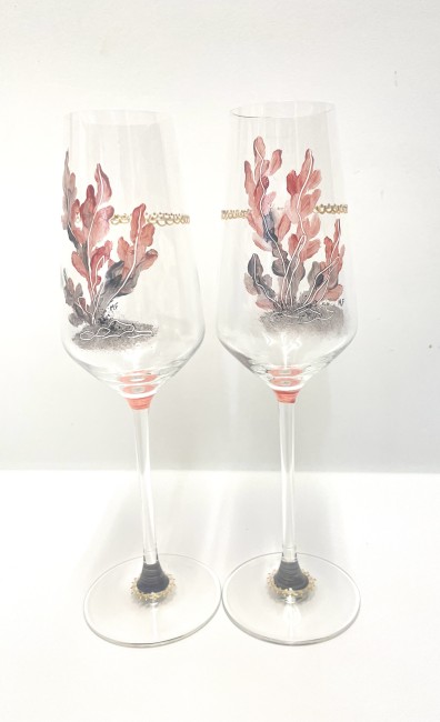 Duo de verres à vin ou flute à champagne en verre cristallin peint à la main - décor de corail - noces  de corail