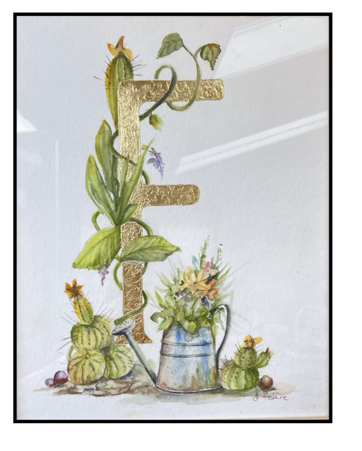 Initiales peintes à la main d'une feuille d'or et entourées d'un décor à l'aquarelle cadeau mariage - sur commande