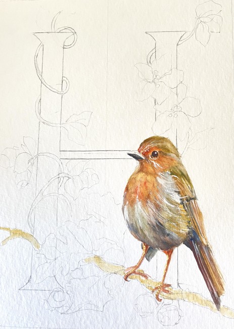 Initiale peinte à la main d'une feuille d'or véritable et d'un décor à l'aquarelle d'un rouge gorge - sur commande