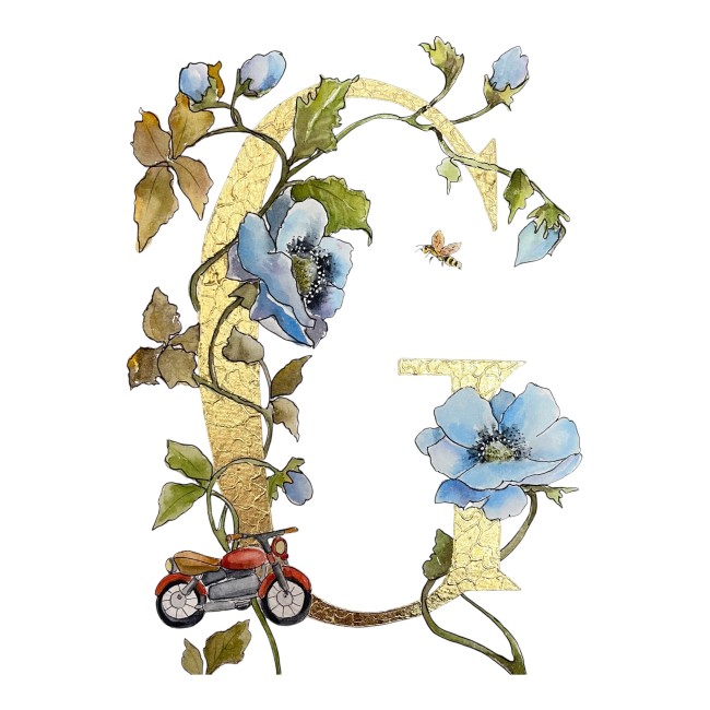 Initiale peinte à la main d'une feuille d'or véritable et d'un décor à l'aquarelle d'anémones - sur commande