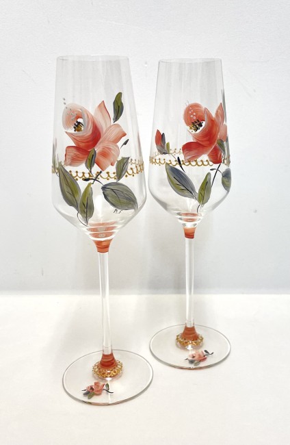Duos de flutes à champagne en verre cristallin peintes à la main - décor floral et liseré dentelle or - personnalisable