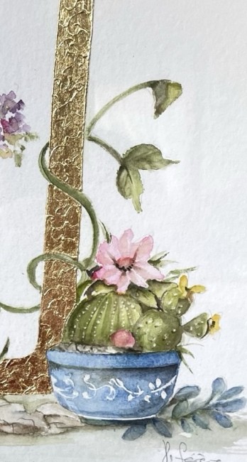 Initiale peinte à la main d'une feuille d'or véritable entourée d'un décor à l'aquarelle de cactus - sur commande