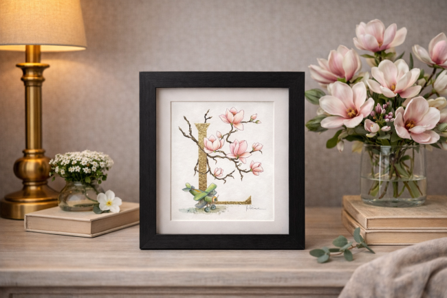 Initiale de prénom personnalisée – aquarelle et feuille d’or – illustration murale fait main - décor de magnolias