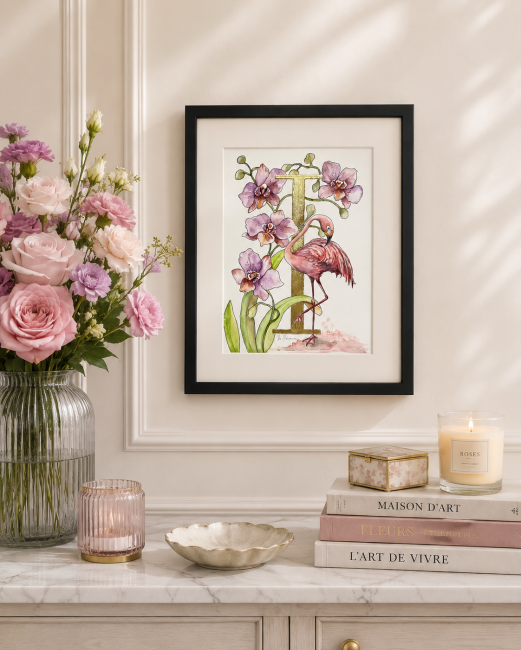 Initiale peinte à la main de feuille d'or véritable entourée d'un décor d'orchidées et d'un flamant rose