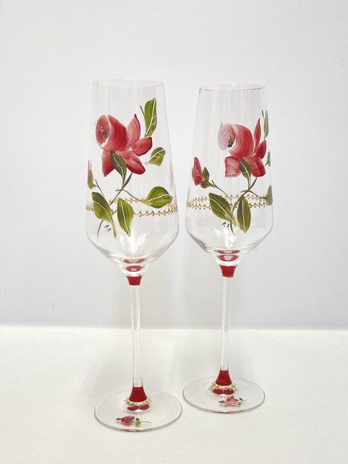 Duos de flutes à champagne en verre cristallin peintes à la main - décor floral et liseré dentelle or - personnalisable