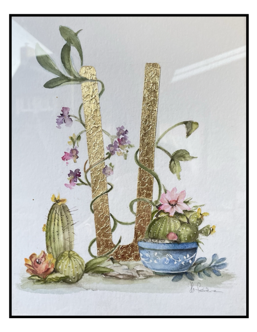 Initiales peintes à la main d'une feuille d'or et entourées d'un décor à l'aquarelle cadeau mariage - sur commande