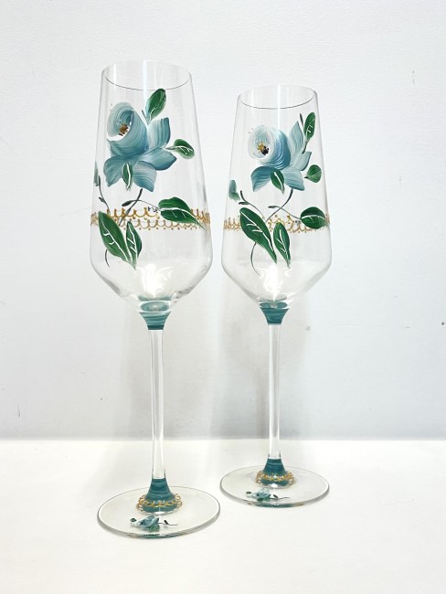 Duos de flutes à champagne en verre cristallin peintes à la main - décor floral et liseré dentelle or - personnalisable