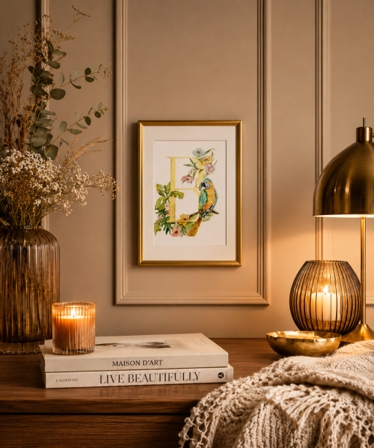 Initiale peinte à la main de feuille d'or entourée d'un décor floral et d'un perroquet - sur commande