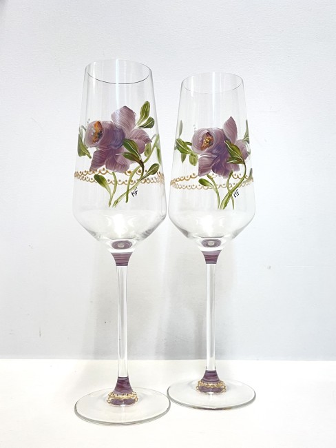 Duos de flutes à champagne en verre cristallin peintes à la main - décor floral et liseré dentelle or - personnalisable