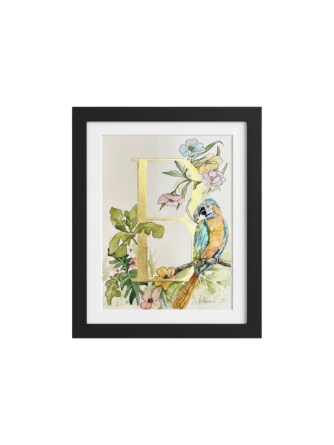 Initiale peinte à la main de feuille d'or entourée d'un décor floral et d'un perroquet - sur commande