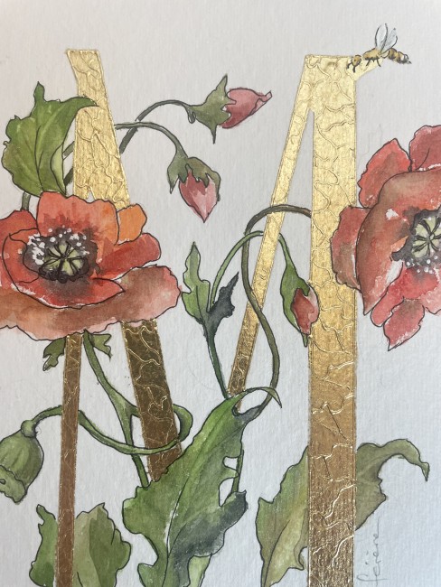 Initiale peinte à la main d'une feuille d'or et entourée d'un décor de coquelicotsà l'aquarelle cadeau mariage - baptême - anniversaire - sur commande