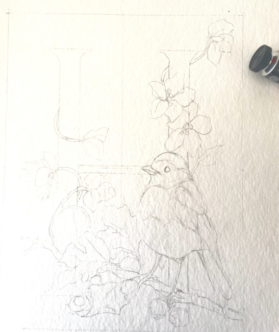 Initiale peinte à la main d'une feuille d'or véritable et d'un décor à l'aquarelle d'un rouge gorge - sur commande