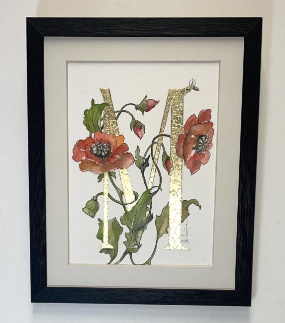 Initiale de prénom personnalisée – aquarelle et feuille d’or – illustration murale fait main - décor de coquelicots
