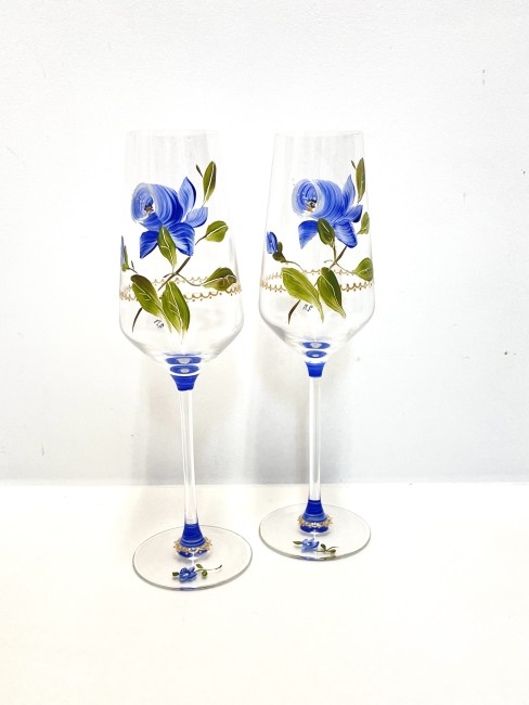Duos de flutes à champagne en verre cristallin peintes à la main - décor floral et liseré dentelle or - personnalisable