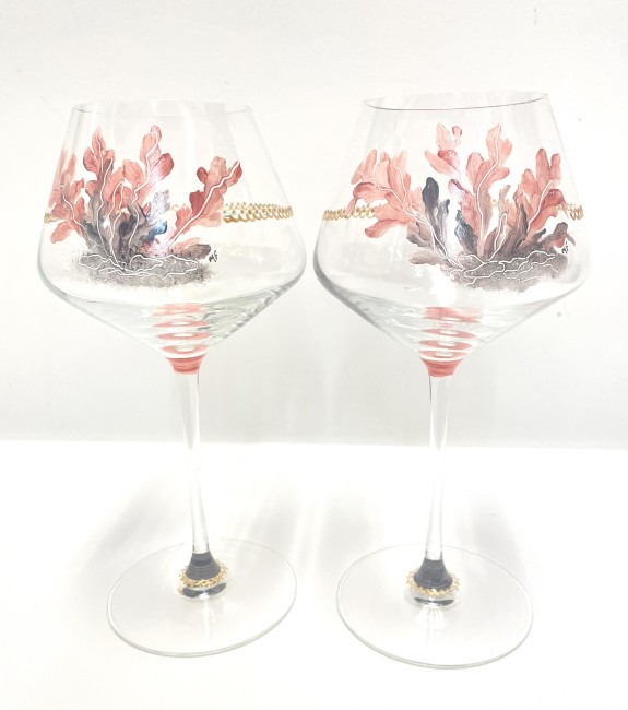 Duo de verres à vin ou flute à champagne en verre cristallin peint à la main - décor de corail - noces  de corail