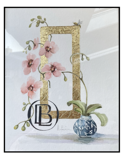 Initiales peintes à la main d'une feuille d'or et entourées d'un décor à l'aquarelle cadeau mariage - sur commande