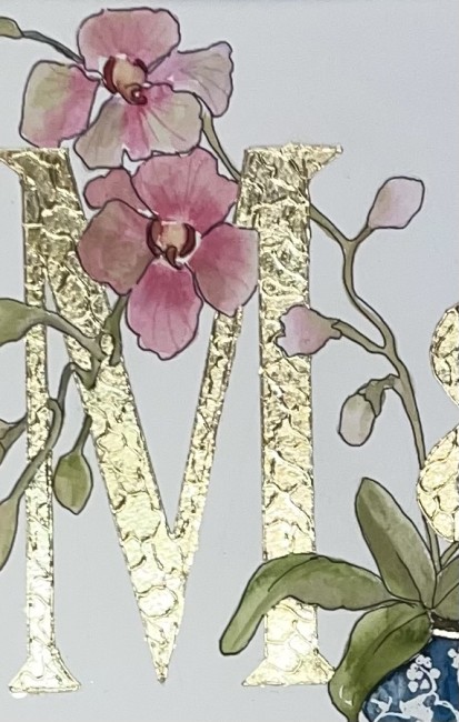 Duo d'initiales peintes à la main à la feuille d'or et entourées d'un décor à l'aquarelle de fleurs d'orchidées 