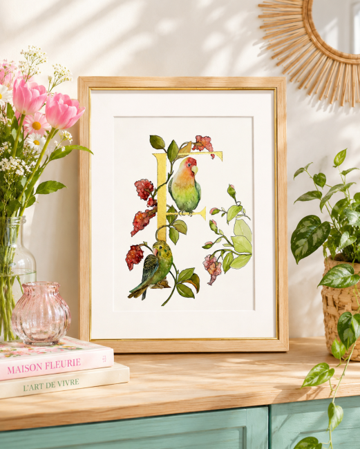 Initiale peinte à la main d'une feuille d'or véritable entourée d'un décor de deux perruches inséparables - sur commande