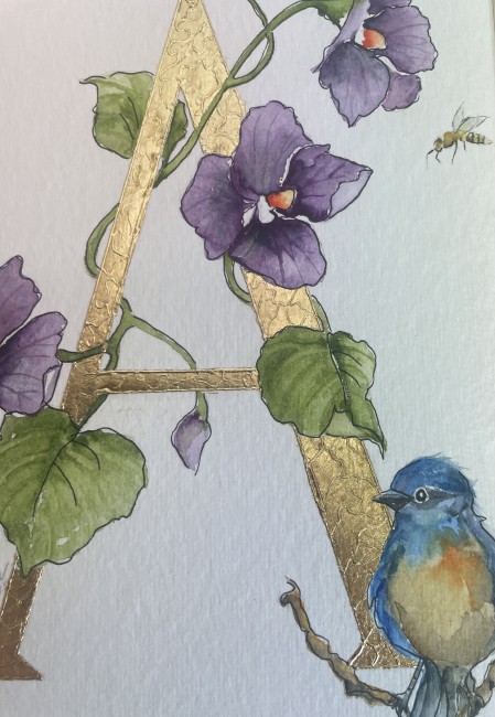 Initiale peinte à la main d'une feuille d'or et entourée d'un décor de vigne à l'aquarelle cadeau mariage - baptême - anniversaire 