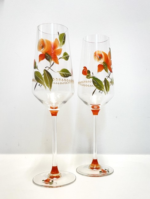 Duos de flutes à champagne en verre cristallin peintes à la main - décor floral et liseré dentelle or - personnalisable