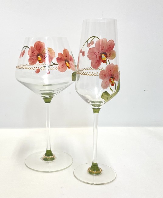Duos de verres à vin ou  flutes à champagne en verre cristallin peint à la main - décor d'orchidée - personnalisable